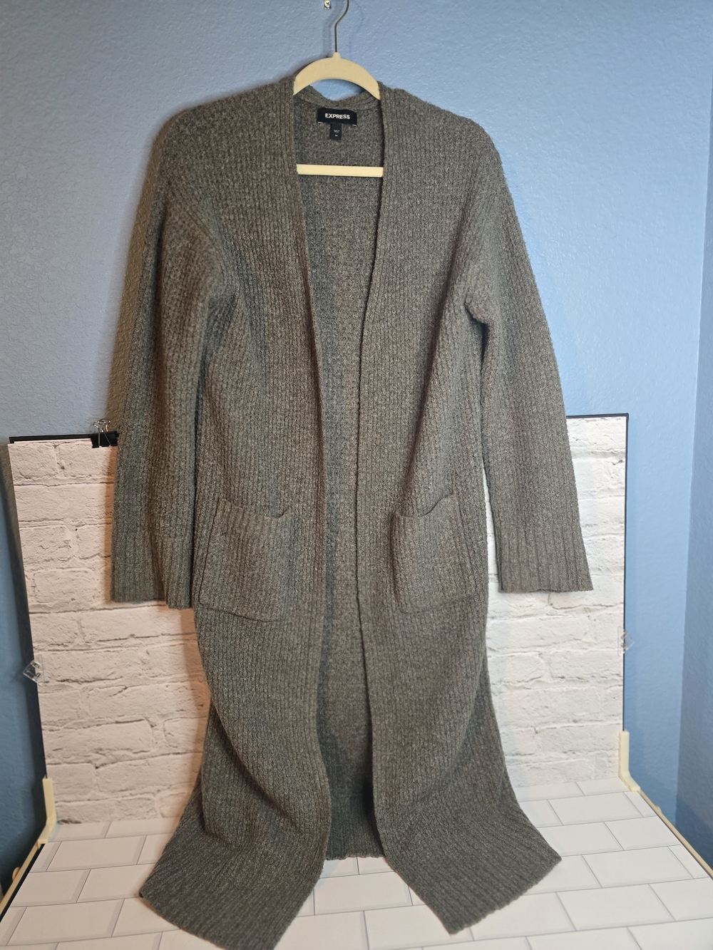 Express Long Open-Front Ribbed Cardigan Sweater - Gray